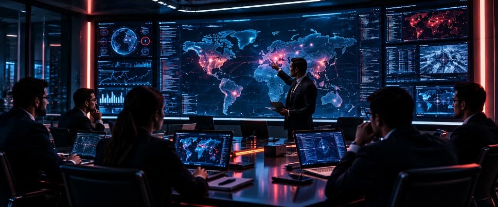 Leadership team in a crisis room reviewing a live world map